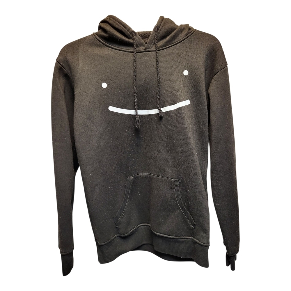Kids Black Pullover Smiley Face Hoodie with Ribbed Cuffs - Size S 10